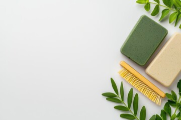 Natural bath products with green and cream soap bars and a yellow comb surrounded by fresh green leaves