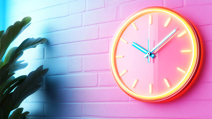 Neon pink wall clock with blue hands illuminating a brick wall