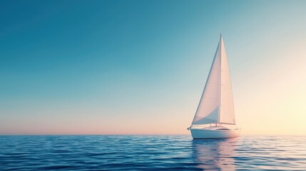 Obraz premium Tranquil sailboat gliding across calm ocean waters during golden hour with bright blue sky in the background