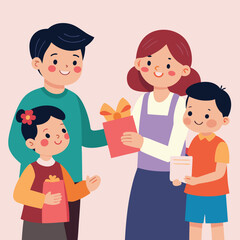Obraz premium Children giving handmade cards to parents vector illustration