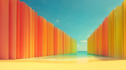 Colorful cylindrical walls meet at a beach, creating a vibrant pathway to a tranquil ocean