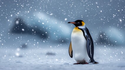Fototapeta premium Solitary emperor penguin in serene snowy landscape