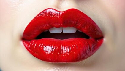 Obraz premium Close-up of luscious red lips, pristine white backdrop, cosmetics, lipstick