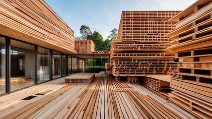 Fototapeta premium Stacked cross laminated timber panels in modern architecture