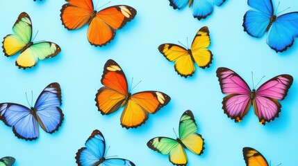 Colorful butterflies on bright blue background with vibrant wings and patterns capturing the beauty of nature