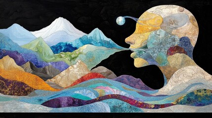 Fototapeta premium Transparent human figure, filled with mountains and rivers, reflects surrealism and abstract design as colors swirl through the sky.