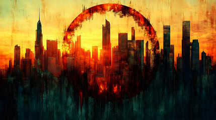 Fiery sunset silhouettes a cityscape framed by a burning ring  The urban skyline is depicted in dark tones against a w