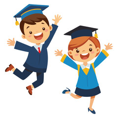 Two graduating jumping kids isolated on white background