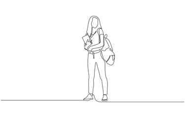 Continuous single one line drawing art of college campus student woman with bag backpack, Student girl with backpack at university with mobile and workbooks. Single line art style.
