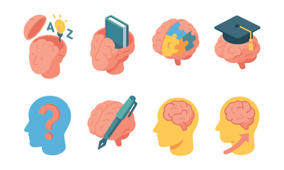 Educational icons set – book, brain, puzzle, graduation cap, question mark
