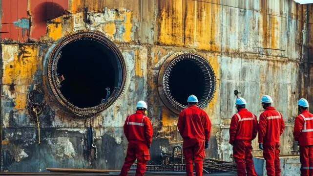 Workers inspecting large industrial facility with rusty infrastructure