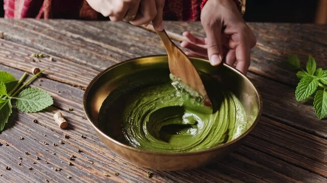 Close-up of green Ayurvedic herbal paste in a brass bowl with neem leaves and a wooden spatula on linen cloth in soft light for natural healing background