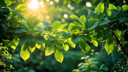 Sunlit green leaves in a tranquil garden setting