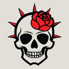 Gothic skull with red rose crown tattoo style vector illustration