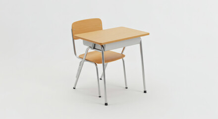 A minimalist school desk and chair set isolated on white, showcasing simple, functional design with modern realism