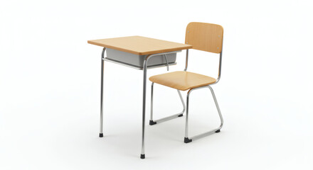 A minimalist school desk and chair set isolated on white, showcasing simple, functional design with modern realism