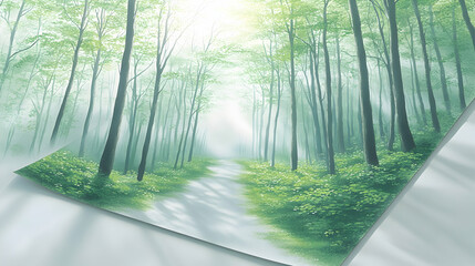 Misty forest path bathed in sunlight. Lush green trees line a pathway, subtly lit by a soft, bright light