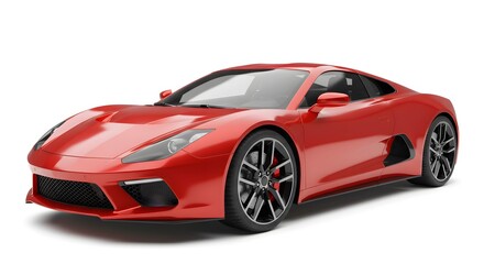 Dynamic low-angle, three-quarter front view of a stunning, bright red modern sports car, showcasing its aggressive aerodynamic design, sleek lines, low profile, and large performance alloy wheels with