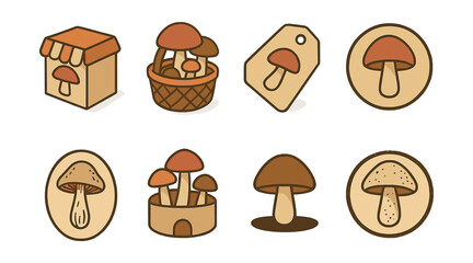 Mushroom themed icons set – basket, tag, store, mushroom garden, cap, label