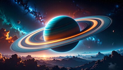 A Colorful Planet With Rings In A Nebula Sunset