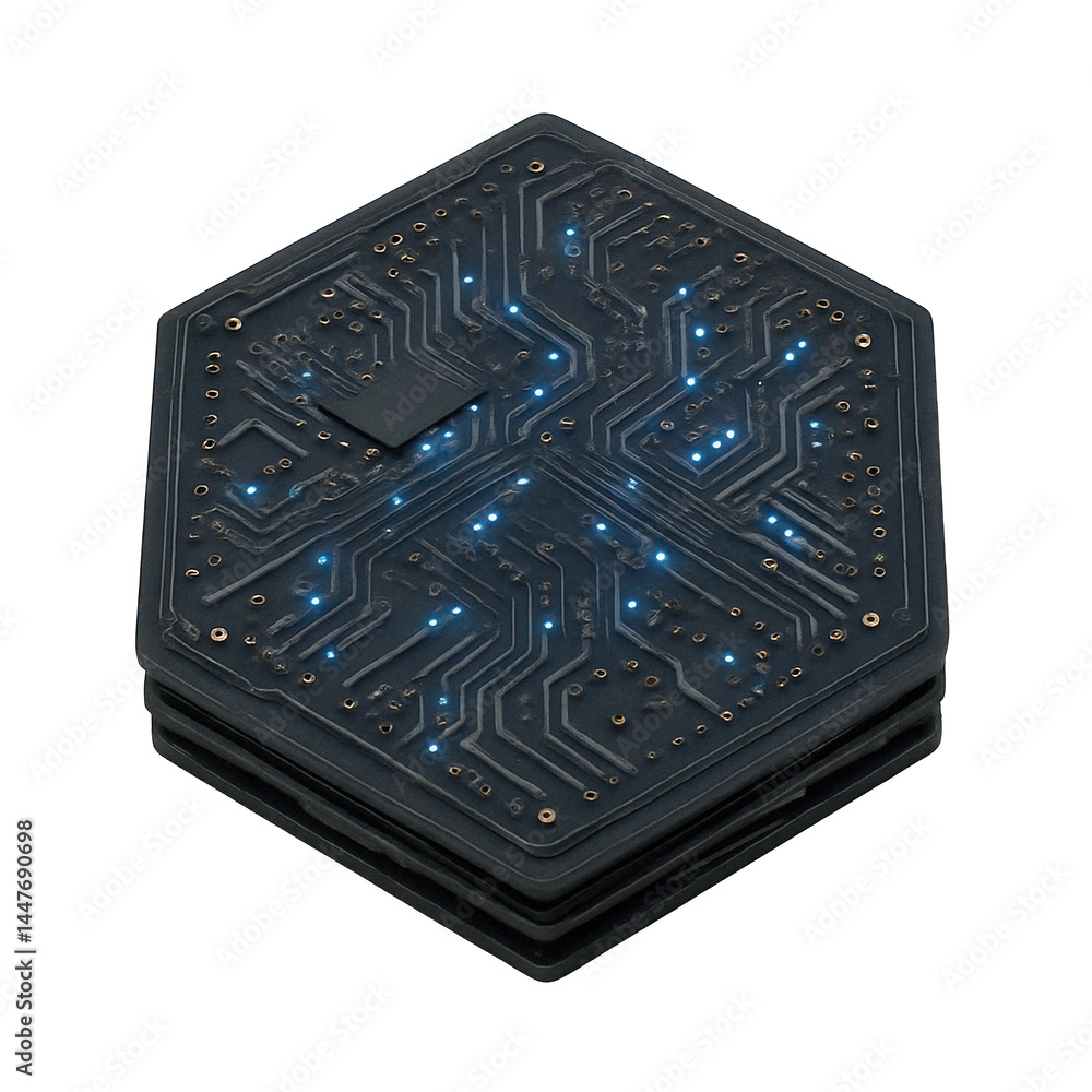 Poster dark hexagonal coasters stacked, displaying a detailed circuit pattern illuminated by vibrant blue l