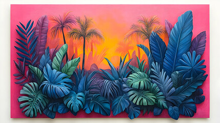 Vibrant tropical landscape, with a profusion of colorful leaves and palm trees, set against a vibrant pink backdrop