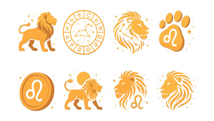Leo zodiac icons set – lion, constellation, paw, emblem, head, astrology symbols