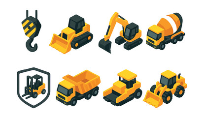 Fototapeta premium Heavy equipment icons set – excavator, bulldozer, dump truck, crane, forklift