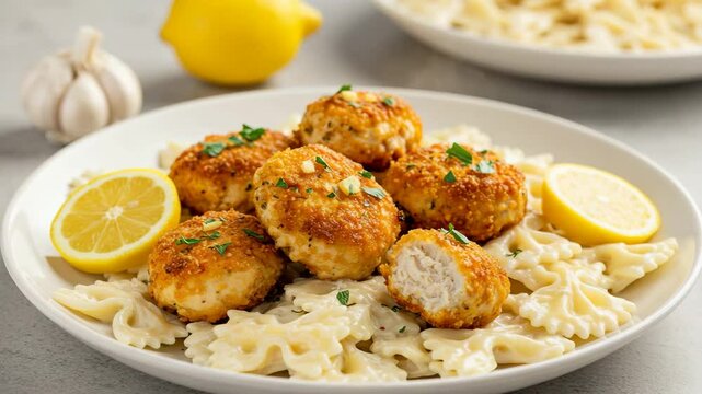 Crispy chicken bites on creamy pasta with lemon and garlic  