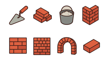 Bricklaying tools icons set – trowel, bricks, bucket, wall, arch