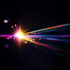Abstract burst of refracted rainbow light through a prism on a dark background, featuring glowing bokeh, light flares, and vivid spectrum colors. Background for tech, energy, or art visuals.