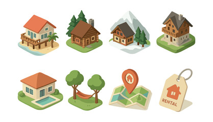 Isometric vacation properties icons set &ndash; beach house, cabin, mountain lodge, rental tag
