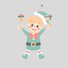 merry christmas and happy new year with cute little elf dwarf and present gift, flat vector illustration cartoon character costume design