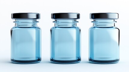 Three light-blue glass vials with dark metallic caps