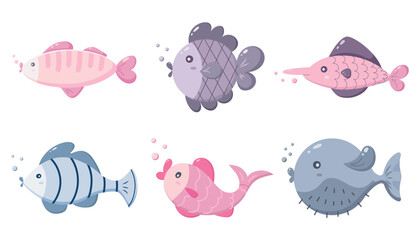 Set of Cute Cartoon Fishes. Adorable cartoon-style fish in various shapes, colors, and patterns. Perfect for children’s designs, educational materials, ocean-themed illustrations, and playful aquatic 