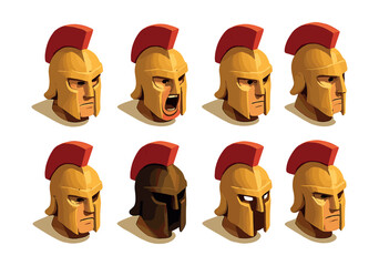 Spartan warrior expressions icons set – anger, courage, determination, pride, fear, focus