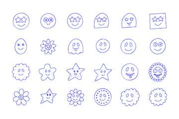 Vector logo design templates and graphic elements for branding, advertising, posters, and banners, featuring funny cartoon mascots, smiling characters, abstract stickers, and line icons.