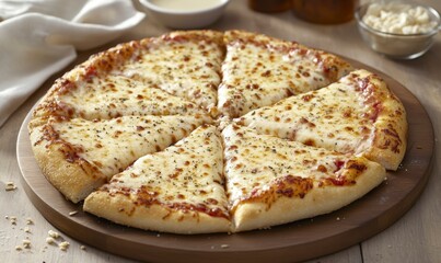 Delicious Cheese Pizza Freshly Baked on Wooden Platter Served Hot