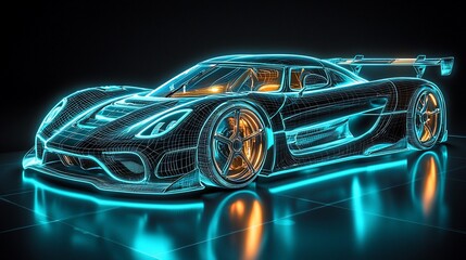 Futuristic sports car, glowing wireframe design