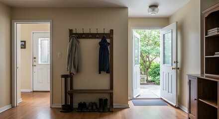 Inviting Home Foyer with Open Doors, Coat Rack, and Wood Floors