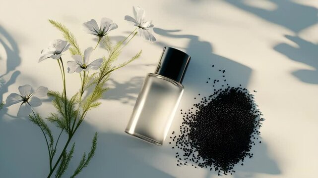 A sleek black dropper bottle is displayed alongside a scattered pile of black seeds and dried grasses on a light neutral background, evoking themes of organic skincare and natural wellness. 