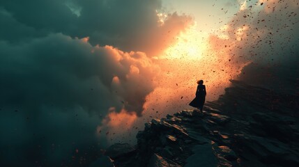 Fototapeta premium Lone woman standing on rocky cliff as dramatic cloudscape bursts into fiery light and flying debris at sunset perfect for emotional cinematic visuals and conceptual poster art