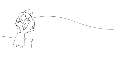 Minimal one-line illustration of a romantic couple in a warm embrace, symbolizing affection, love, and emotional connection.
