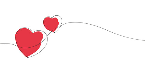 Simple continuous line art of two red hearts symbolizing love, connection, and romantic relationships in a clean minimalist style.