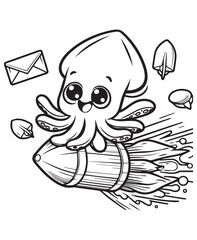 Coloring book squid soaring on a rocket with bubbles