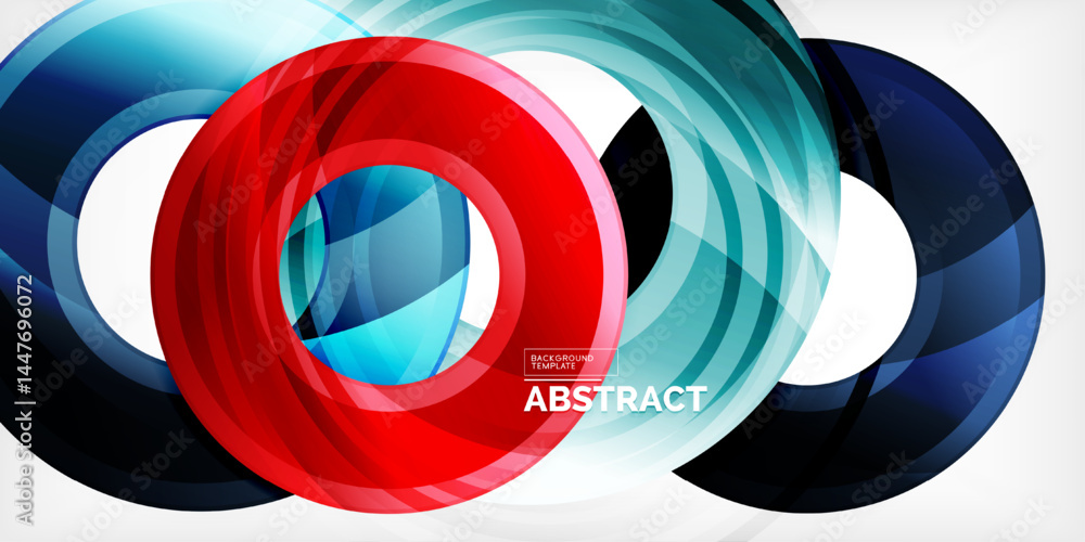 Poster bright swirling shapes overlap, creating dynamic abstract composition. colors include red, blue, tea