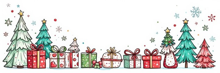 Doodle-style illustration of gifts, trees, and snowflakes in a circular arrangement, creating a Christmas wreath on white background, festive , presents, winter