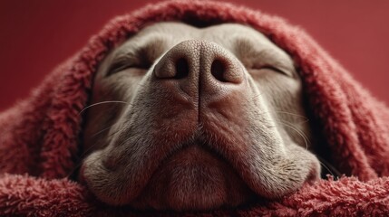 Close-up of a brown dog peacefully sleeping under a red blanket with a soft expression and warm light, ideal for cozy pet visuals, comfort ads, and calm domestic lifestyle themes