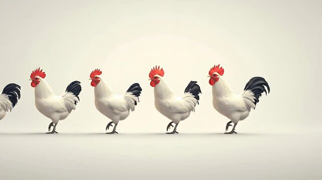 Charming Series of White Roosters in Motion Against a Minimalist Background.