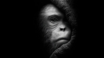 Obraz premium Dramatic black and white close-up portrait of a primate face emerging from deep shadows with intense eye contact perfect for wildlife awareness posters and editorial features